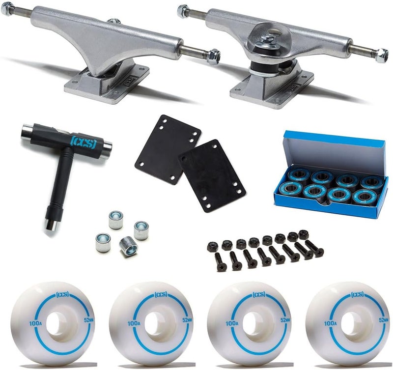 CCS [] Skateboard Assembly Kit | Professional Grade | Set of 2 Trucks | 100A Wheels | ABEC 7 Bearings | 1" Mounting Hardware | 1/8" Riser Pads | Bearing Spacers - Image 1